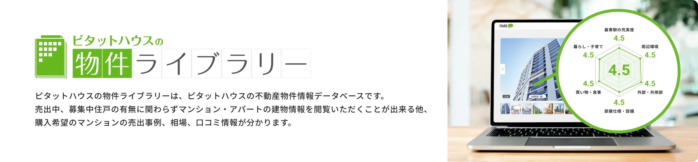 ピタットハウスの物件ライブラリー | ピタットハウスの物件ライブラリーは、ピタットハウスの不動産物件情報データベースです。売出中、募集中住戸の有無に関わらずマンション・アパートの建物情報を閲覧いただくことが出来る他、購入希望のマンションの売出事例、相場、口コミ情報が分かります。